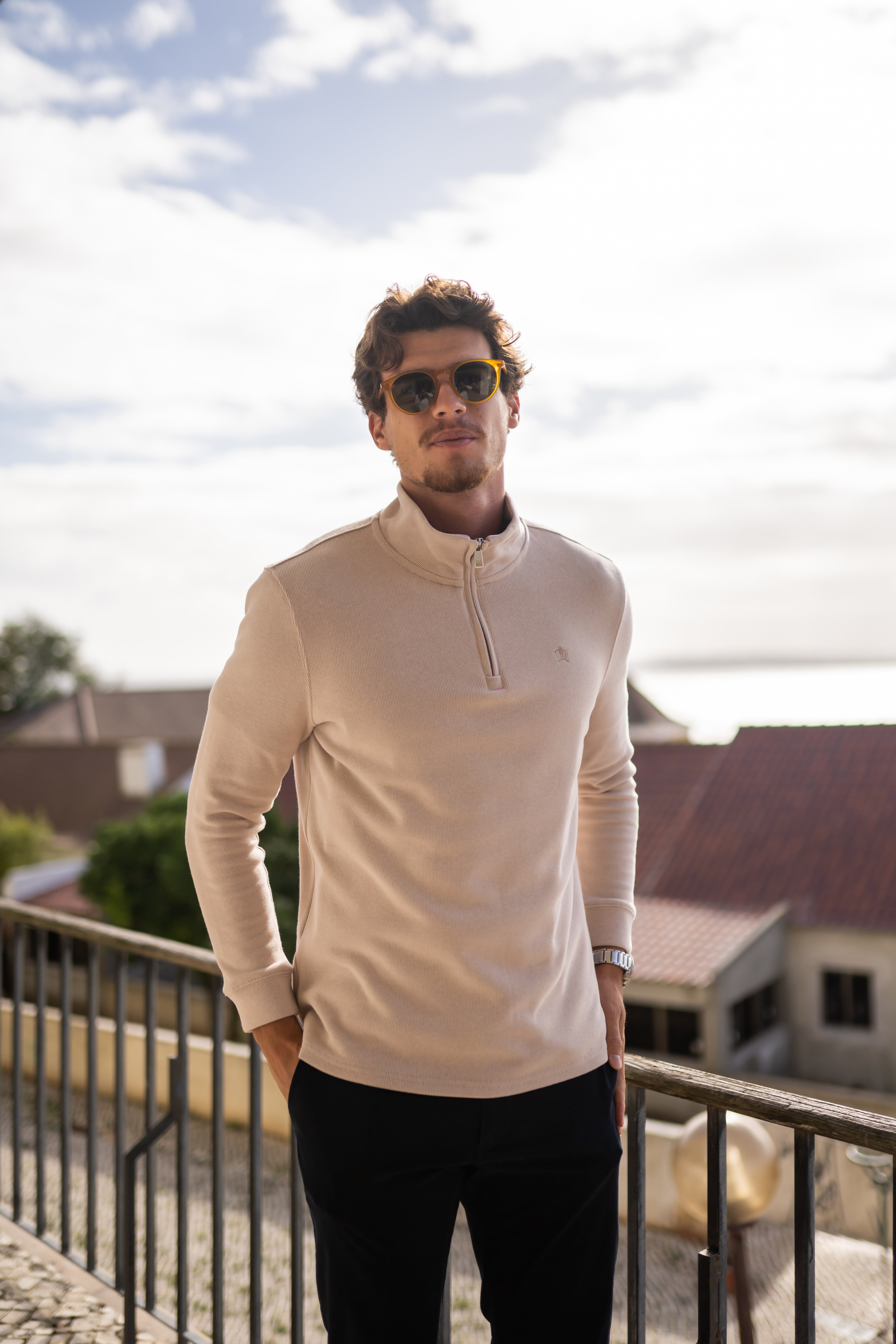 Stone Beige Half-Zip Sweatshirt