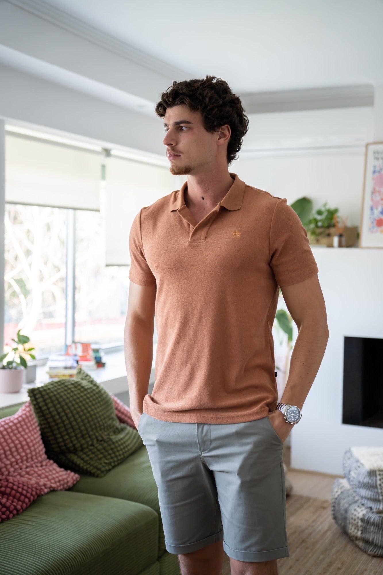THE PALM TOWELLING POLO SHIRT IN TANGERINE